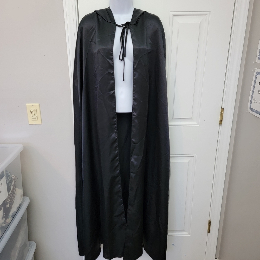 Fredericks Of Hollywood Long Black Hooded Satin Cape Tie Front Cosplay Adult OS